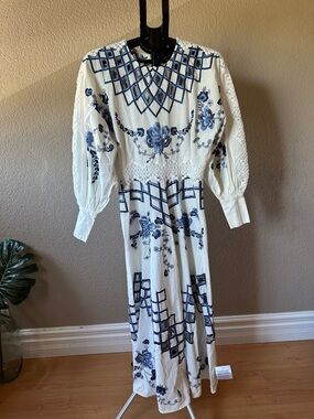 ASOS White Maxi Dress with Blue Floral Embroidery